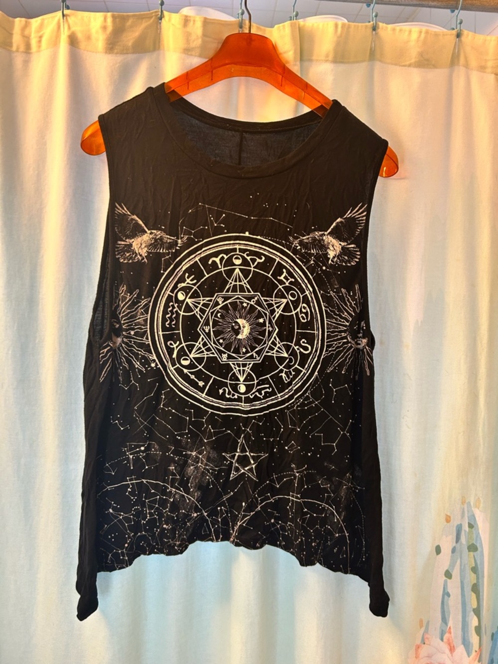 Black Sleeveless Graphic Tank Top with Celestial Print